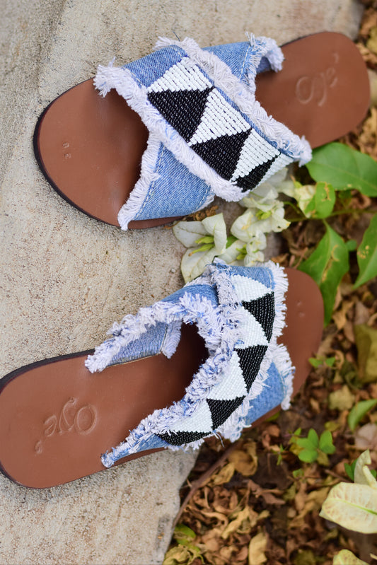 Papa- beaded denim sandals ( denim blue)