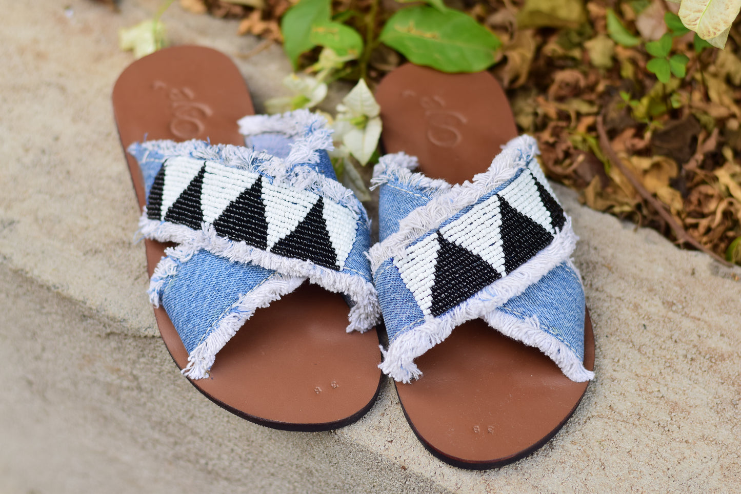 Papa- beaded denim sandals ( denim blue)