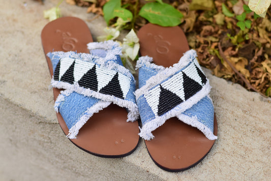 Papa- beaded denim sandals ( denim blue)