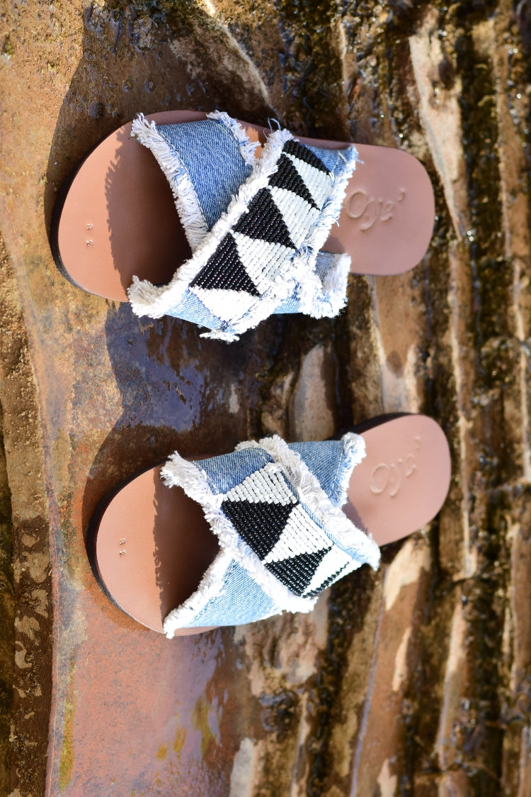 Papa- beaded denim sandals ( denim blue)