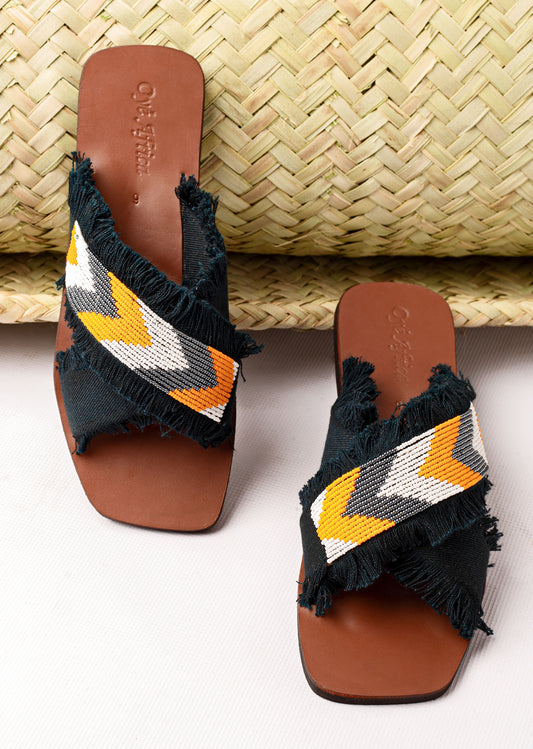 Papa- beaded denim sandals ( denim green)