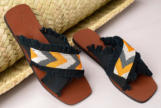 Papa- beaded denim sandals ( denim green)