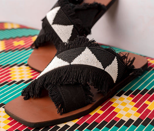 Papa- beaded denim sandals ( denim black)